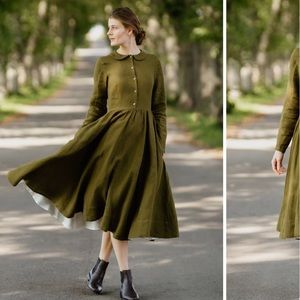 Son de Flor Linen Classic Dress - Long Sleeves - Rosemary Green - XXL